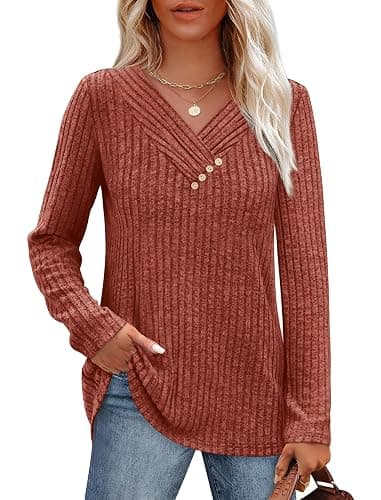 SAMPEEL Sweaters for Women Long Sleeve Shirts V Neck Tops with Buttons Fall Fashion Outfits Winter Clothing 2025 - Image 1