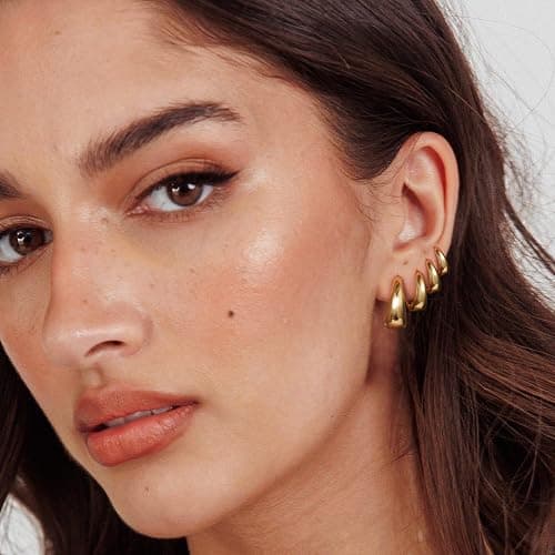 NECOCY 4 Pairs Small Huggie Hoop Earrings for Women, Chunky 14K Gold Plated Earrings Stack Hypoallergenic Lightweight Trendy Cartilage Hoops Earring Set for Multiple Piercing Dainty Minimal Jewelry thumbnail 7