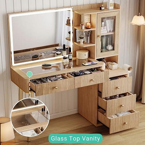 LINSY Wood Vanity with Glass Top, Makeup Vanity with Storage Drawers, Boho Fluted Vanity Desk with Mirror and Lights, Large Dressing Table with Cabinet and Outlet for Bedroom, Women, Girls thumbnail 4
