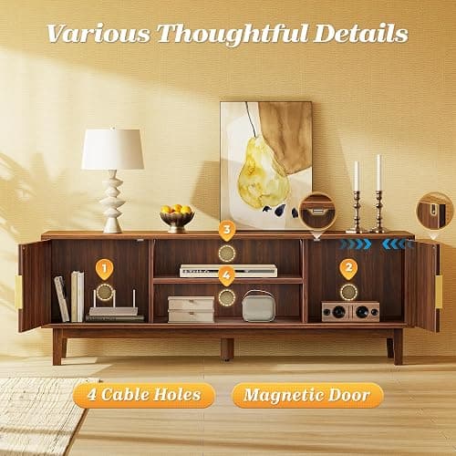 PRAISUN 54 Inch Fluted TV Stand for TVs Up to 55, 60 Inch, Mid Century Modern Entertainment Center with Storage, TV Console with Adjustable Shelves, Midea Console for Living Room Bedroom, Brown thumbnail 4