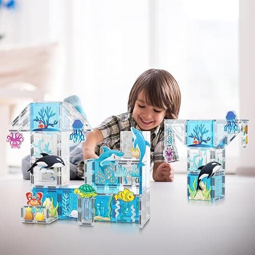 PicassoTiles Magnet Tiles Magnetic Building Blocks Aquarium Marine Animal Theme Set with 8 Character Action Figures Shark Crab Turtle STEM Toys Construction Preschool Toddlers Kids Boys Girls 3+ PTQ15 thumbnail 2