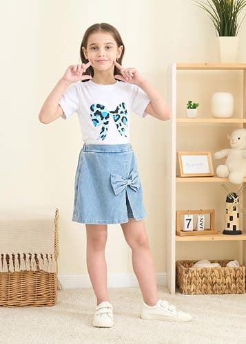 Azmxynol kid Young Girl Clothes Outfits Cute Sweet Bowknot Print T-Shirt + Bowknot 2 In 1 Denim Short Summer Clothing Set thumbnail 3