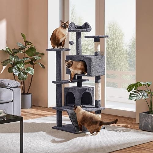 Yaheetech 54in Cat Tree, Multi-Level Cat Tower with Spacious Kitten-ear Perch, 2 Cozy Caves, Scratching Posts, Climbing Ladder, 2 Plush Balls, Durable Pet House Furniture for Indoor Kittens, Dark Gray thumbnail 2
