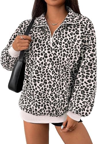 Hilinker Womens Cheetah Print Oversized Sweatshirt Half Zip Pullover Corduroy Long Sleeve Tops thumbnail 2