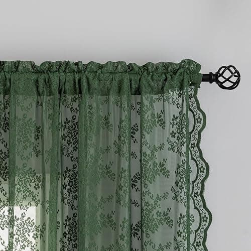 YJ YANJUN Vintage Lace Curtains 63 Inch Length-Victorian Floral Dark Olive Green Sheer Curtains 1 Pair Transparent Voile for Bedroom Kitchen Sunroom Bohemian Christmas Decor Rod Pocket W52 x L63 thumbnail 3