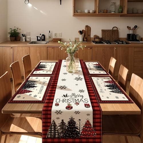 Patelai 7 Pcs Christmas Table Runner and Placemats Set Merry Christmas Buffalo Plaid Table Runner Xmas Placemats Red Black for Holiday Kitchen Dining Room Decor Party Wedding Decoration thumbnail 3
