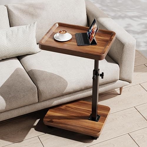 SJIE C Table End Table Adjustable Height, 360°Swivel TV Tray Table for Small Spaces, Side Tables with Wheels for Living Room and Bedroom, Bed (Walnut) - Image 1