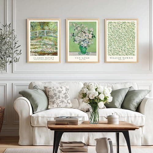FASWQ Wood Framed Monet Van Gogh William Morris Wall Art, Grass Botanical Wall Decor, Mid Century Impressionist Canvas Paintings, Modern Green Landscape Poster Print for Living Room Bedroom 12"x16"x3 thumbnail 2