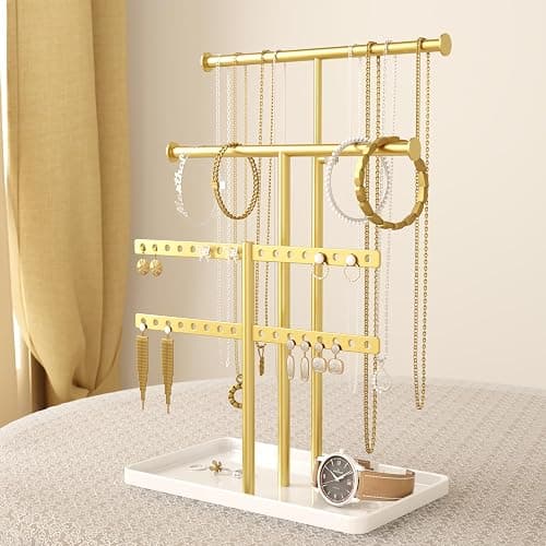 Josmimic Jewelry Holder Organizer Necklace Display: Metal Aesthetic Room Decor Tree Stand for Necklace Bracelet Hanger and Earrings Storage beautiful jewelry tower for mom wife girlfriend (Gold) thumbnail 6