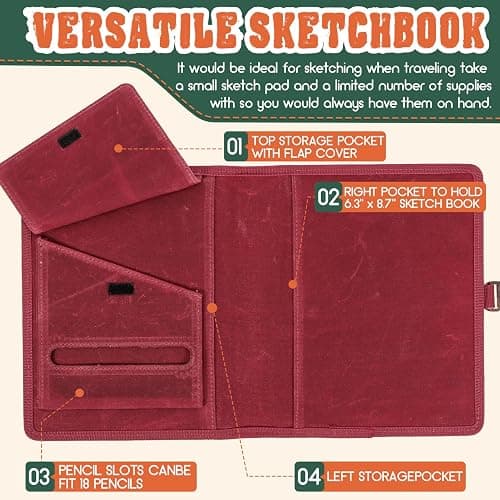 Plinyvel Travel Sketchbook Cover 5.5"x8.5" with Pencil Holder - Waxed Canvas Art Storage Case & Artist Padfolio Organizer Kit (Red) thumbnail 4
