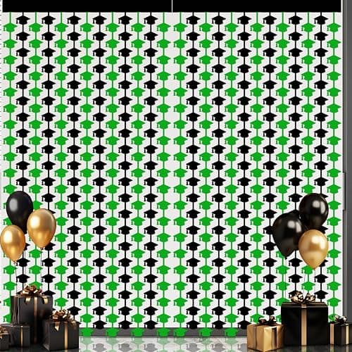 2 Pack 3.3ft x 6.6ft Graduation Cap Metallic Foil Fringe Curtain, Grad Hat Shaped Tinsel Streamers Photo Props Backdrop for College Graduation Party Supplies, Prom 2025 Decorations (Green&Black) thumbnail 4