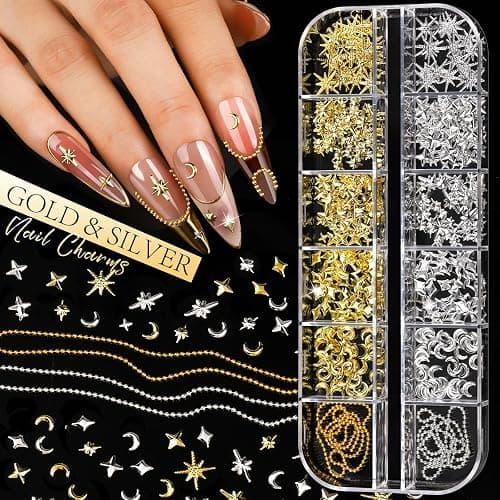 Teenitor Gold and Silver Nail Charms and Gems Set, 6 Boxes Multi-Shapes Nail Gems Nail Rhinestones Nail Pearls for Nail Art Design thumbnail 2