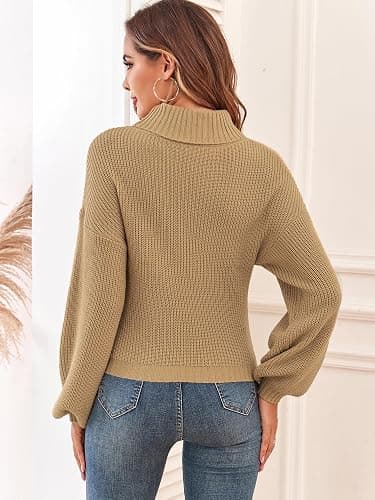 ZAFUL Women's Cropped Turtleneck Sweater Lantern Sleeve Ribbed Knit Pullover Sweater Jumper thumbnail 4