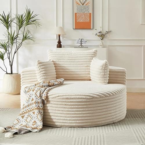 55"W Oversized Round Chair Lounge Chaise Indoor, Corduroy Upholstered Comfy Large Circle ArmChair, Modern Fluffy Deep Seat Cloud Sofa Chair Sleeper Sofa Bed for Living Room, Bedroom Apartment, Beige thumbnail 7