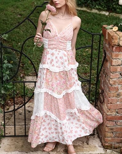Cute Floral Long Sundresses for Women Boho Smocked Spaghetti Strap Dress Y2k Flowy Beach Ruffle Backless Maxi Dress thumbnail 2