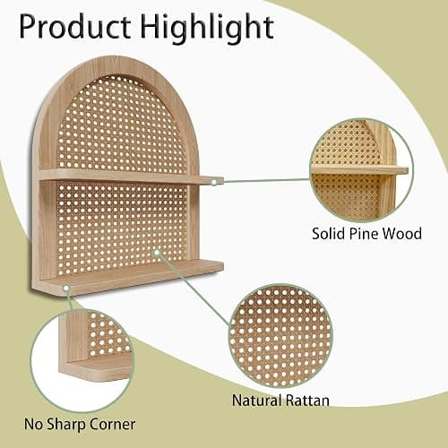 Eostbe Rattan Wall Shelf Boho Nursery Decor - 2-Tier Arched Woven Natural Wood Wicker Wall Shelf, 16''L Neutral Handcrafted Rattan Nursery Shelf, Decorative Shelf for Living Room,Bedroom & Bathroom thumbnail 6