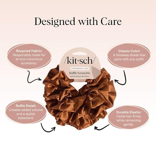 Kitsch Recycled Satin Ruffle Scrunchie – Gentle Hair Scrunchie for Women, Eco-Friendly Hair Tie No Damage, Stylish Ponytail Holder | Ideal Gifts for Women - Camel thumbnail 4