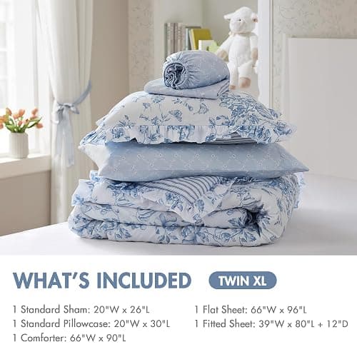 Madison Park Essentials Adele Comforter Set Blue Floral Twin XL – Shabby Chic Vintage Bed in a Bag with Sheet Set, Reversible Ruffle Bedding, College Dorm Gift for Her Women Teen thumbnail 6