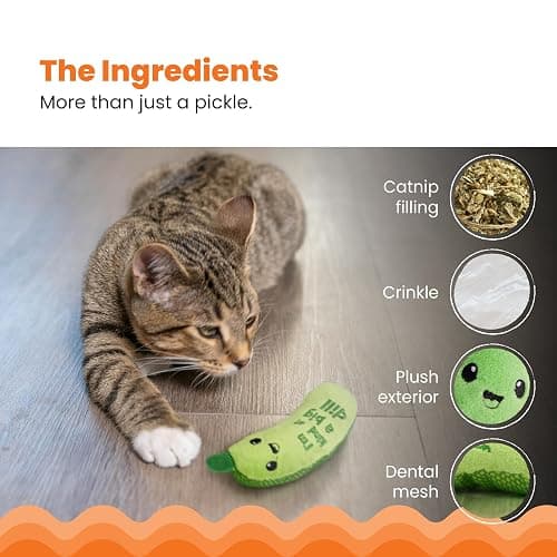 Catstages Crunchy Pickle Kicker Toy with Catnip and Dental Mesh, Pickle Shape, Plush and Crinkle Cat Toy for Kicking, Tossing, and Teeth Cleaning, Green thumbnail 4