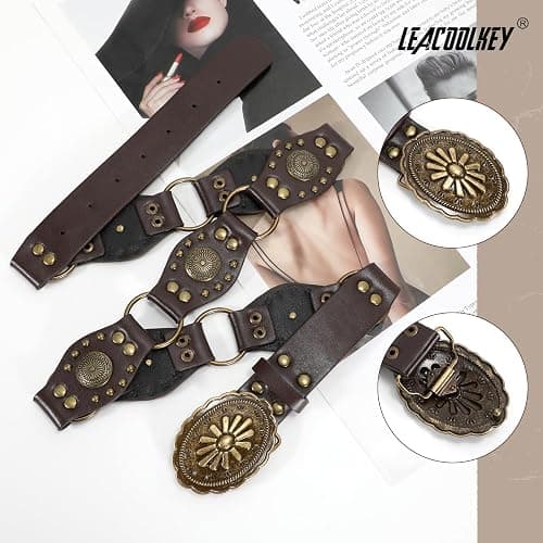 LEACOOLKEY Western Concho Rivet Belt for Women Vintage Leather Belt Western Waist Belt for Skirts Jeans thumbnail 6