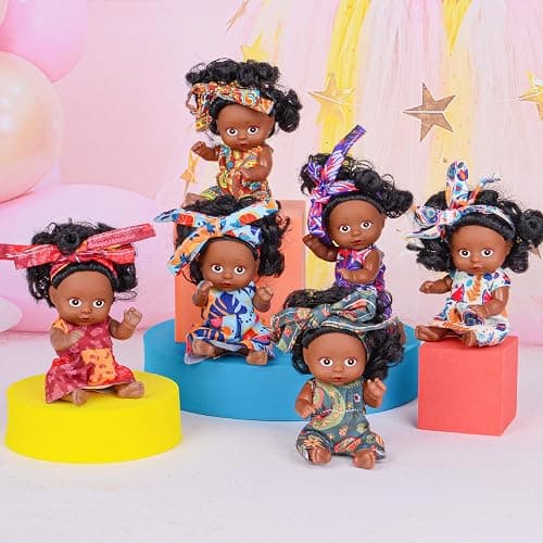 6 Pack 4 Inch African Girl Dolls Set - Black Mini Dolls with Colorful Outfits & Hairbands – Gift for Girls 3-6, 6-12 Educational Toys & Decorative Figures thumbnail 2