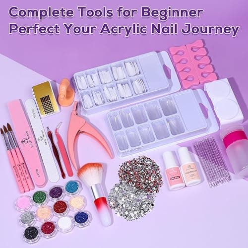 Beginners Nail Kit Acrylic Set: Professional Ultra-fine Acrylic Powder Kit with Everything - Starter Set with 600 Nail Tips Glitter Powder Nail Glue & Remover - Nail Art Supplies for DIY Home Salon thumbnail 8