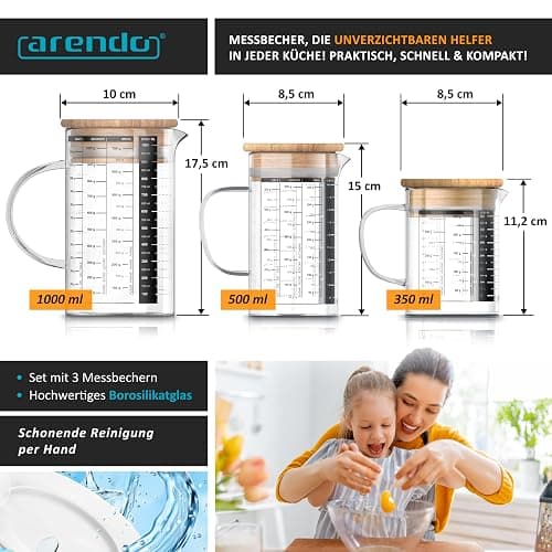 Arendo - Messbecher Set aus Glas - Größen 350ml, 500ml, 1000ml (0,35l 0,5l 1l) – Messkrug Glas Krug – Borosilikatglas – präzise Skala – hitzebeständig – Glasbehälter mit Bambusdeckel - Silikondichtung thumbnail 2