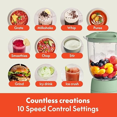bella 10 Speed Countertop Blender, Juicer & Smoothie Maker, Fits-anywhere™ Kitchenware, Slim Flip & Store Design, Dishwasher Safe 48oz Capacity Pitcher & Lid, Stainless Steel Blade, 450 Watt, Seaglass thumbnail 6