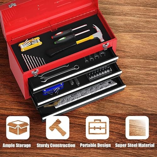 Goplus Tool Box with 3 Drawers, 4-Tier 20.5" Portable Tool Chest Organizer with Top Tool Tray, Auto Lock, Protective Liner, Handle, Steel Metal Small Toolbox for Gargae, Workshop, Home thumbnail 6