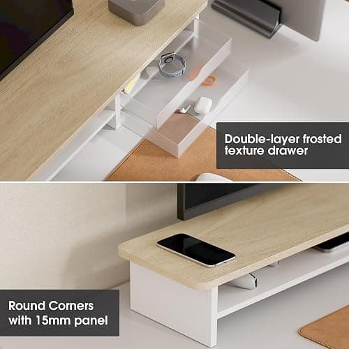 Fenge Dual Monitor Stand Riser with 2 Acrylic Storage Drawer 108cm Large Monitor Stands for PC/Laptop/Fax/Printer/TV Screen, Whole Piece Board, Oak+White thumbnail 5