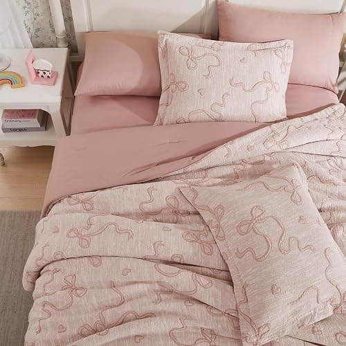 Geniospin Pink Twin Comforter Set for Girls- 5 Pieces Bowknot Jacquard Bed in A Bag Twin Bedding Sets with Sheets, Pillowcases & Shams, All Season Kids Comforter Set thumbnail 7