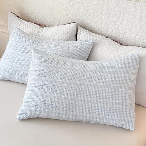 tohrisa Boho Comforter Set Full Size - 3 Pieces Lightweight Jacquard Seersucker Bedding Sets (1 Soft Fluffy Grid Comforter & 2 Pillowcases) - All Seasons Cozy Modern Bed Set(80"x90" Sky Blue) thumbnail 6