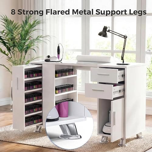 Nail Desk,Professional Manicure Table with Wrist Rest,2 Drawers&Cabinet | Nail Station Beauty Technician Desk with Electric Dust Collector& Dust Bag,Nail Table with Pull-out Locker&8 Metal Legs,White thumbnail 6