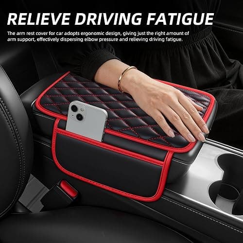 AuraSettle Waterproof Leather Car Center Console Pad with 2 Storage Bags, Auto Armrest Box Cover Protector, Comfortable Interior Accessories for Most Household Cars, Sedans & SUV (Black Red Stitch) thumbnail 3