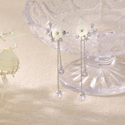 Dangle Pearl Drop Earrings For Women Trendy Long Threader Chain Dainty Flower Wedding Earrings For Brides CZ Cute 14K Gold Statement Sparkly Jewelry thumbnail 4