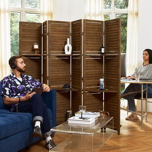 Partition Room Dividers, Folding Wood Privacy Screen with Three Display Shelves Suitable for Home Office, Study, Art Display - 6 Panel, 67 * 77inch (Brown) thumbnail 2