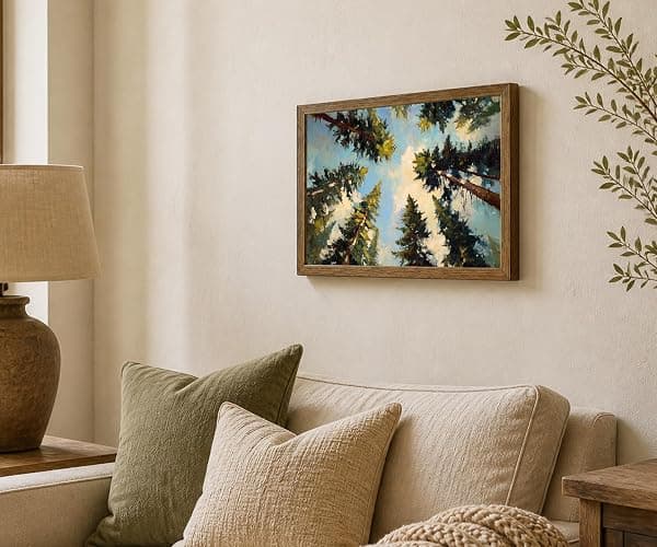 Framed Pine Forest Wall Art Canvas Print Summer Woodland Landscape Painting Cottagecore Pine Tree Picture Wall Decor for Living Room Bedroom Nursery Office12x16 In thumbnail 2