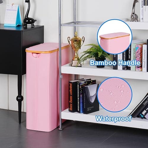 efluky Slim Laundry Basket with Lid, Narrow Laundry Hamper with Removable Bag, Skinny Dirty Clothes Basket with Bamboo Handles for Bathroom, Bedroom & Laundry Room, 75L Pink thumbnail 4