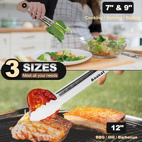 Anaeat Premium Kitchen Locking Tong Set of 3 - Heavy Duty Stainless Steel Food Tongs with Long Handle & Non-Slip Silicone Grip for Cooking, Baking, Grilling - Heat Resistant up to 460°F thumbnail 4