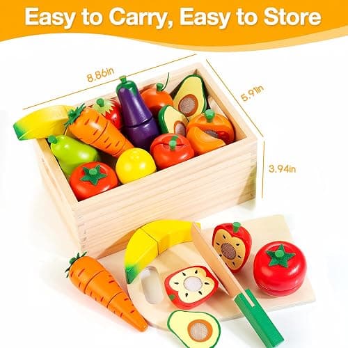 Wooden Play Food for Toddlers, Fruit & Veggies Cutting Set for Play Kitchen | Pretend Play Food, Teaches Part/Whole & Colors, Includes Knives & Board, Christmas Birthday Gift for Boys Girls 3+ Year Old thumbnail 3