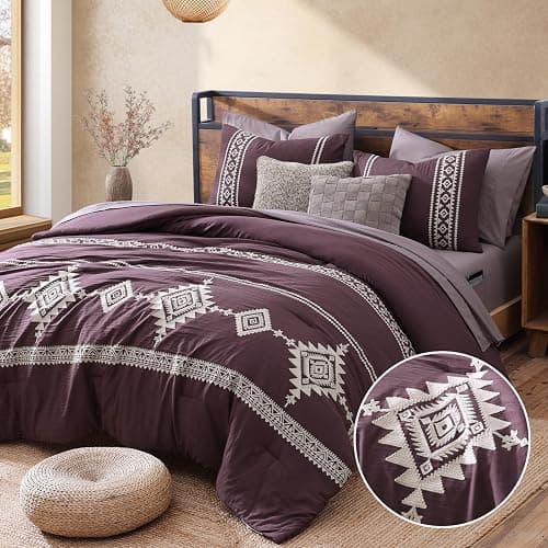 MaiRêve Embroidery Queen Size Comforter Set Purple, Boho Farmhouse Western Bedding Set 7 Pieces, All Season Bed in A Bag Comforter Set with Sheets, Pillowcases & Shams - Image 1