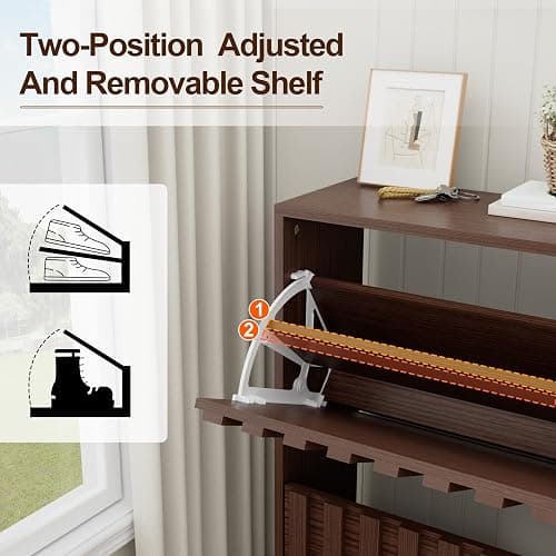 UEV Slim Wooden Shoe Storage Cabinet with 2 Flip Drawers, Modern Narrow Shoe Storage Unit with Ventilated Design, Space-Saving Entryway Shoe Rack, Walnut thumbnail 5