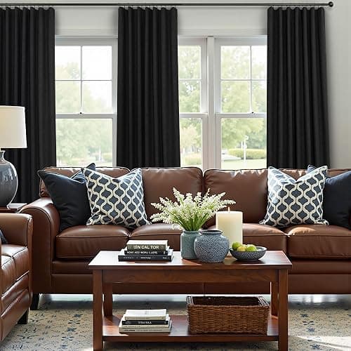 Black Curtains 84 Inches Long for Bedroom 2 Panel Set Linen Textured Total Blackout Thermal Insulated Darkening Dark Curtains Black Out Shades for Living Room Floor Length Window Drape Back Tab Pocket thumbnail 2