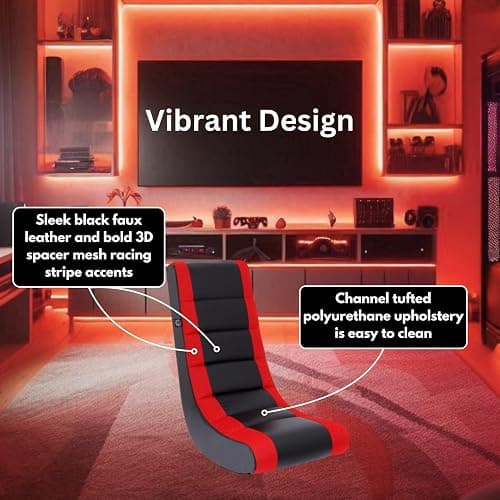 The Crew Furniture Classic Video Rocker Floor Gaming Chair, for Kids and Teens, PU Faux Leather & Polyester Mesh, Black/Red thumbnail 5