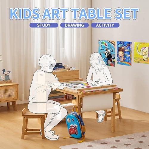 UNICOO Kids Art Table and Chair Set with Paper Roll Holder, Toddler Craft Table with Storage Shelves, Side Supply Tray, Removable Organizer Caddy and 2 Stools, Drawing Activity Desk for Ages 2-12 thumbnail 4