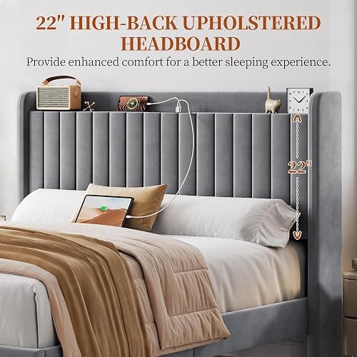 Yaheetech Queen Bed Frame with USB Charging Station and Storage Shelf/Upholstered Headboard Platform Bed with Wing Side/Wooden Slats Support/Noise Free/No Box Spring Needed/Easy Assembly, Light Grey thumbnail 7