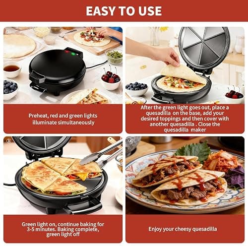 Electric Quesadilla Maker, 9.5'' Quesadilla Press with Easy Slice 6 Wedge, Non Stick Surface, Locking Latch For Extra Stuffing, Grilled Cheese Corn Flour Tortilla Snacks thumbnail 7