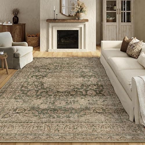 WondRg 8x10 Washable Area Rug Green Brown Vintage Non Slip Soft Low Pile Rug for Living Room Bedroom Dining Room Office Distressed Oriental Indoor Large Throw Carpet for Home Decor - Image 1