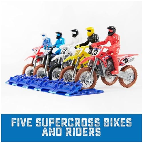 Supercross, Authentic 5-Pack of 1:24 Scale Die-Cast Motorcycles with Rider Figure, Toy Moto Bike for Kids and Collectors Ages 3 and up thumbnail 3