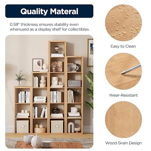 Jpiziso 16-Cube Storage Organizer Bookcase, Thick Frame Wood Grain Storage Shelf, Rectangular Cube Open Back Display Unit, 48.8x9.4x48.8 Inches for Living Room, Bedroom, Home Office, Natural Wood thumbnail 4